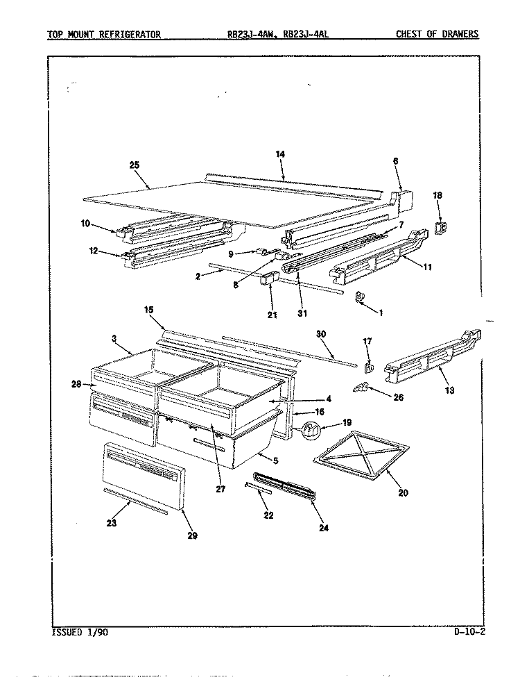 CHEST OF DRAWERS Diagram and Parts List for RB23JA-4AW 9A36A Admiral Refrigerator
