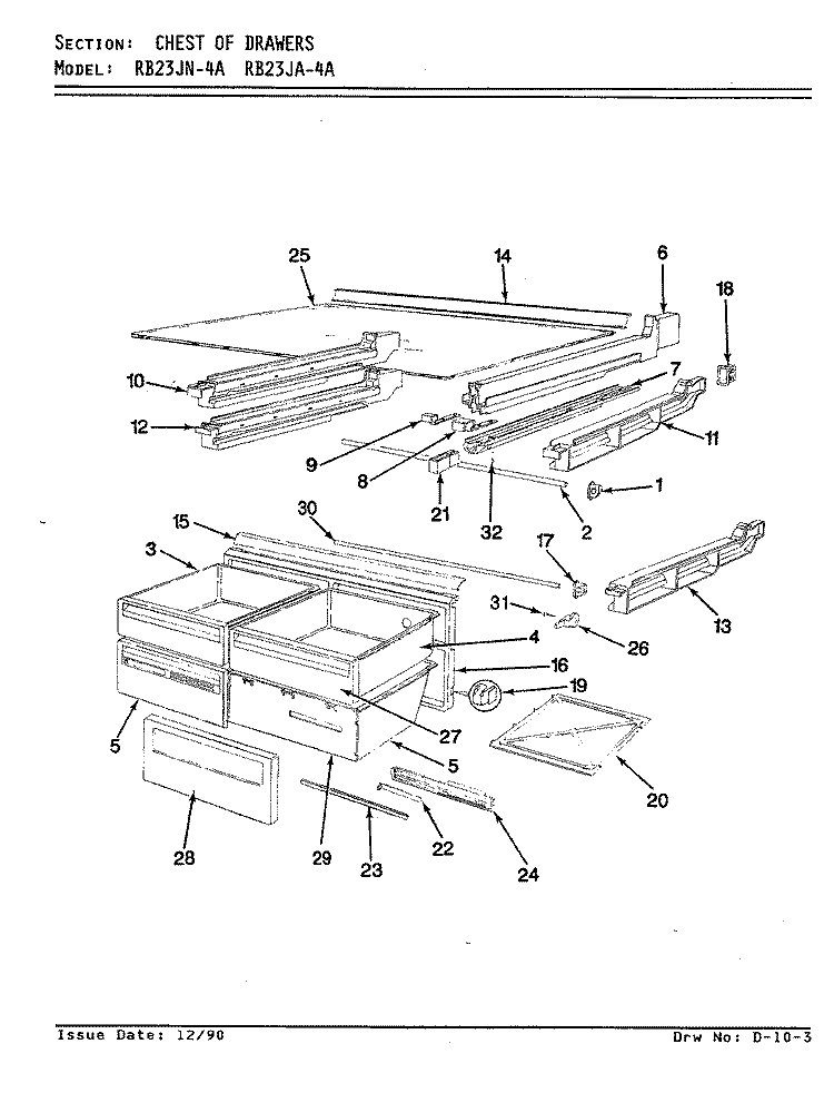 CHEST OF DRAWERS Diagram and Parts List for RB23JN-4A 9A25A Magic Chef Refrigerator