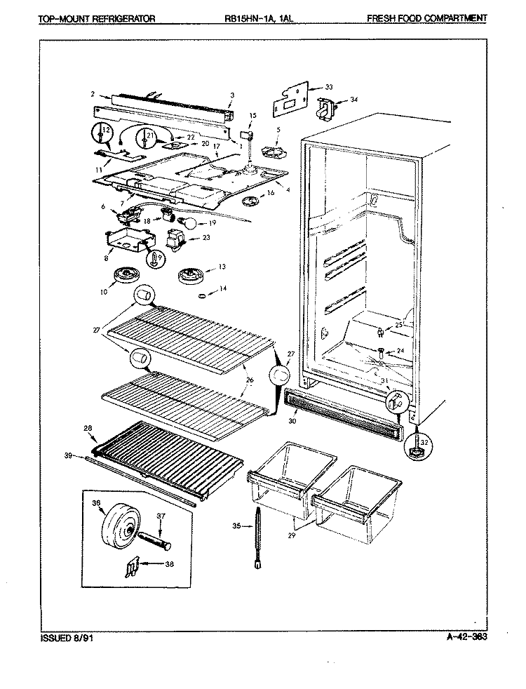 FRESH FOOD COMPARTMENT Diagram and Parts List for RB15HA-1A 9B41C Magic Chef Refrigerator