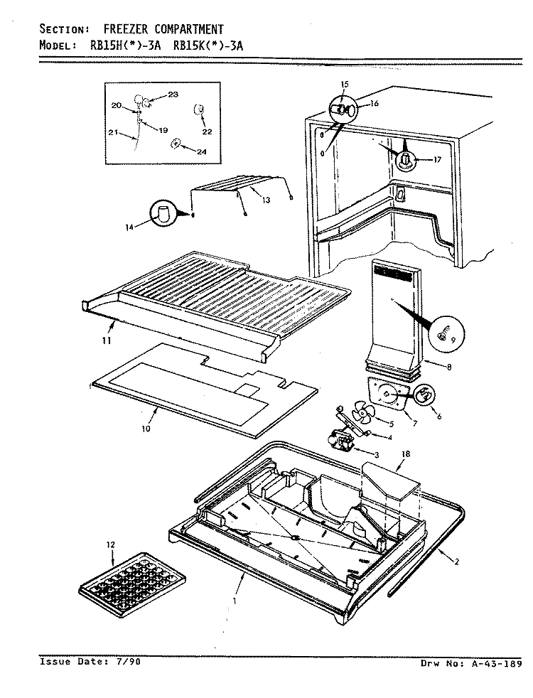 FREEZER COMPARTMENT Diagram and Parts List for RB15HA-3A 8C72A Magic Chef Refrigerator