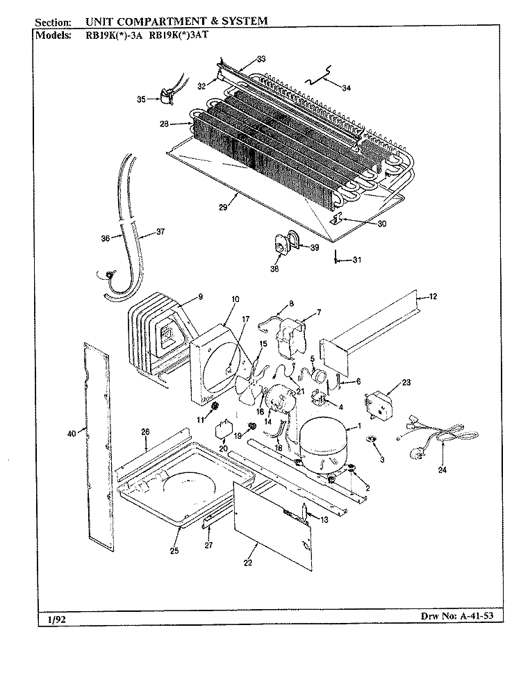 UNIT COMPARTMENT & SYSTEM Diagram and Parts List for RB19KA-3AT BL51A Admiral Refrigerator