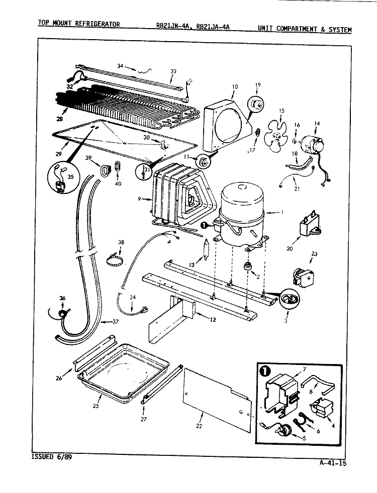UNIT COMPARTMENT & SYSTEM Diagram and Parts List for RB21JA-4A 9A24C Magic Chef Refrigerator