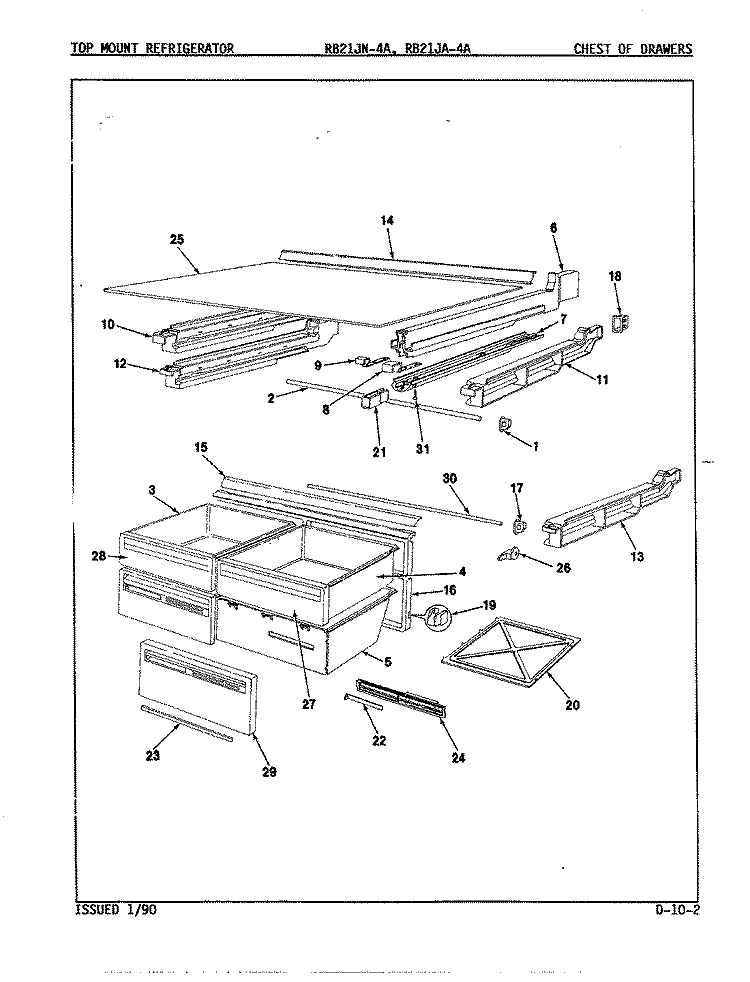 CHEST OF DRAWERS Diagram and Parts List for RB21JA-4A 9A24C Magic Chef Refrigerator