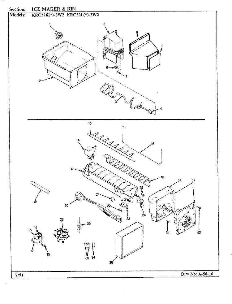 ICE MAKER & BIN Diagram and Parts List for KRC22KA3W2 AP37A Admiral Refrigerator