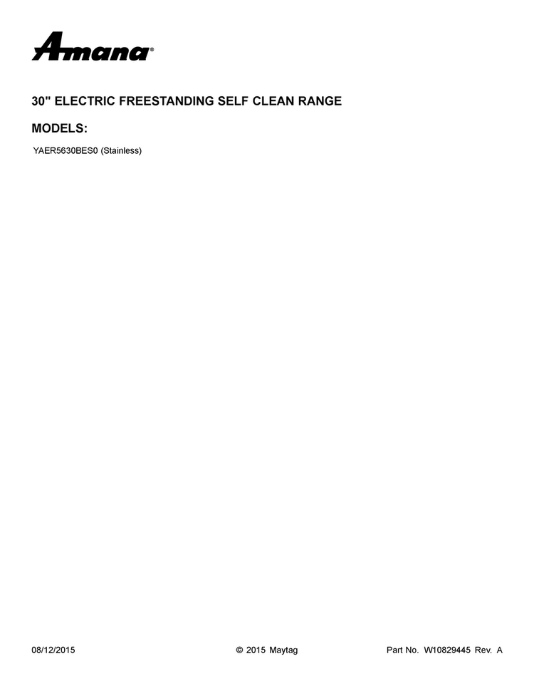 Cover Sheet Diagram and Parts List for YAER5630BES0  Amana Range