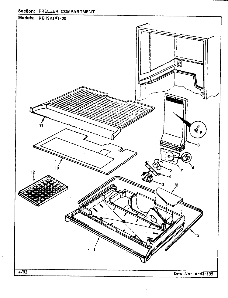 FREEZER COMPARTMENT Diagram and Parts List for RB19KA-00 BG41A Admiral Refrigerator
