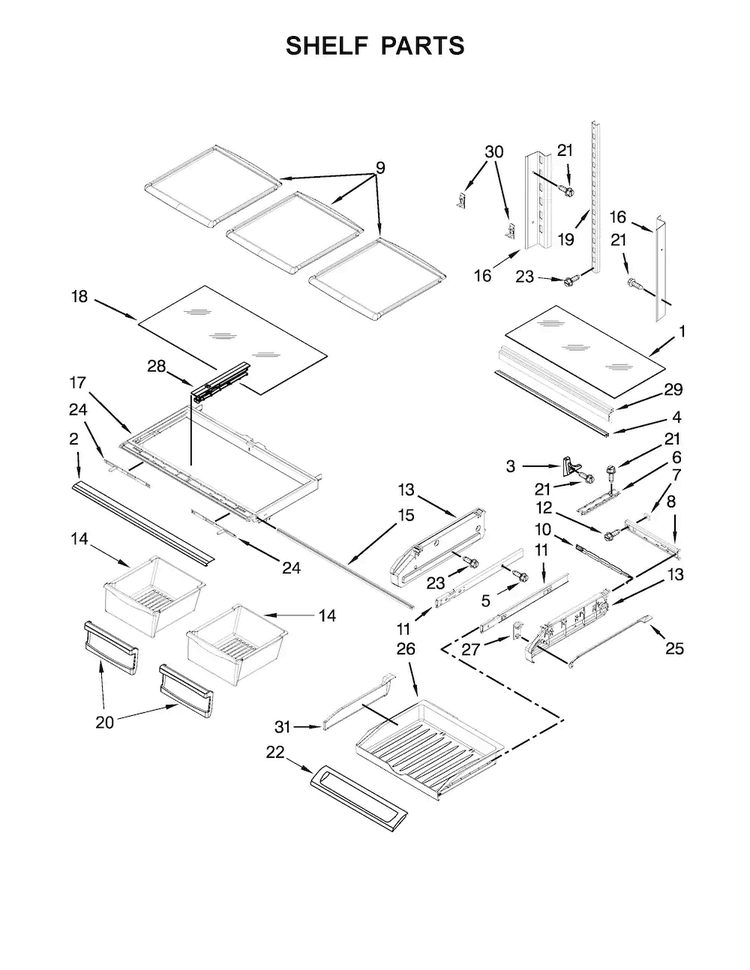 Shelf Parts Diagram and Parts List for MFI2269DRH01  Maytag Refrigerator
