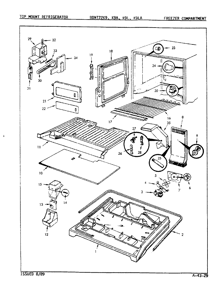 FREEZER COMPARTMENT Diagram and Parts List for BDNT22K9LA 9A58B Admiral Refrigerator