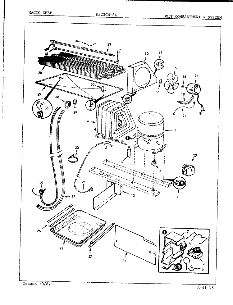 UNIT COMPARTMENT & SYSTEM Diagram and Parts List for RB23GN-3A 7C40A Magic Chef Refrigerator
