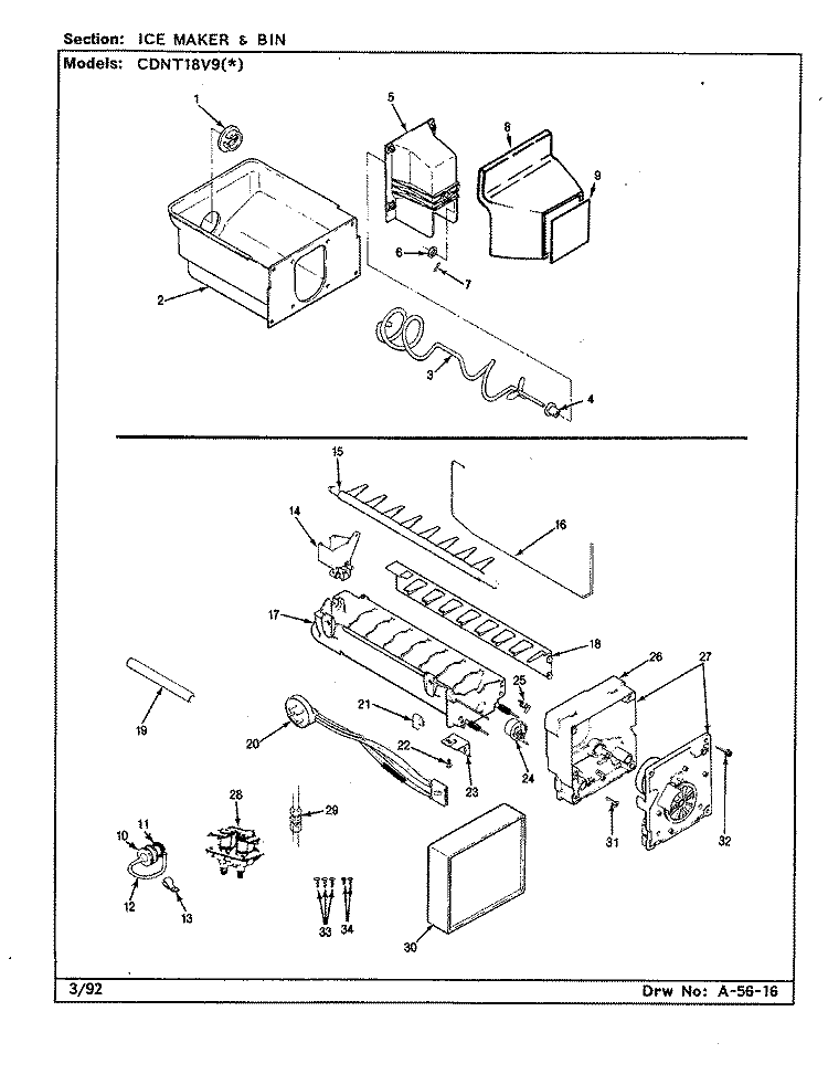 ICE MAKER & BIN Diagram and Parts List for CDNT18V9 AC44A Admiral Refrigerator