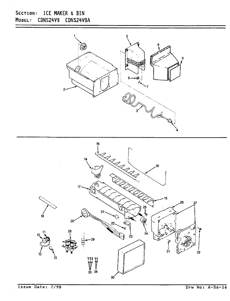 ICE MAKER & BIN Diagram and Parts List for CDNS24V9 BR85A Admiral Refrigerator