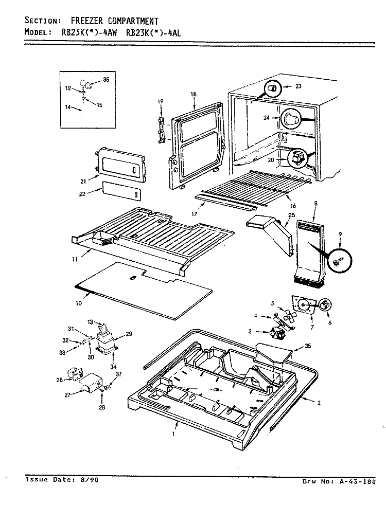 FREEZER COMPARTMENT Diagram and Parts List for RB23KA-4AW AG98B Admiral Refrigerator
