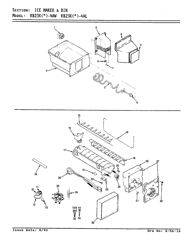 ICE MAKER & BIN Diagram and Parts List for RB23KA-4AW AG98B Admiral Refrigerator