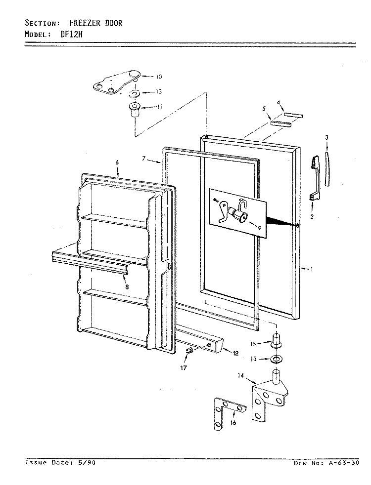 FREEZER DOOR Diagram and Parts List for DF12H V5ZU30 Admiral Freezer