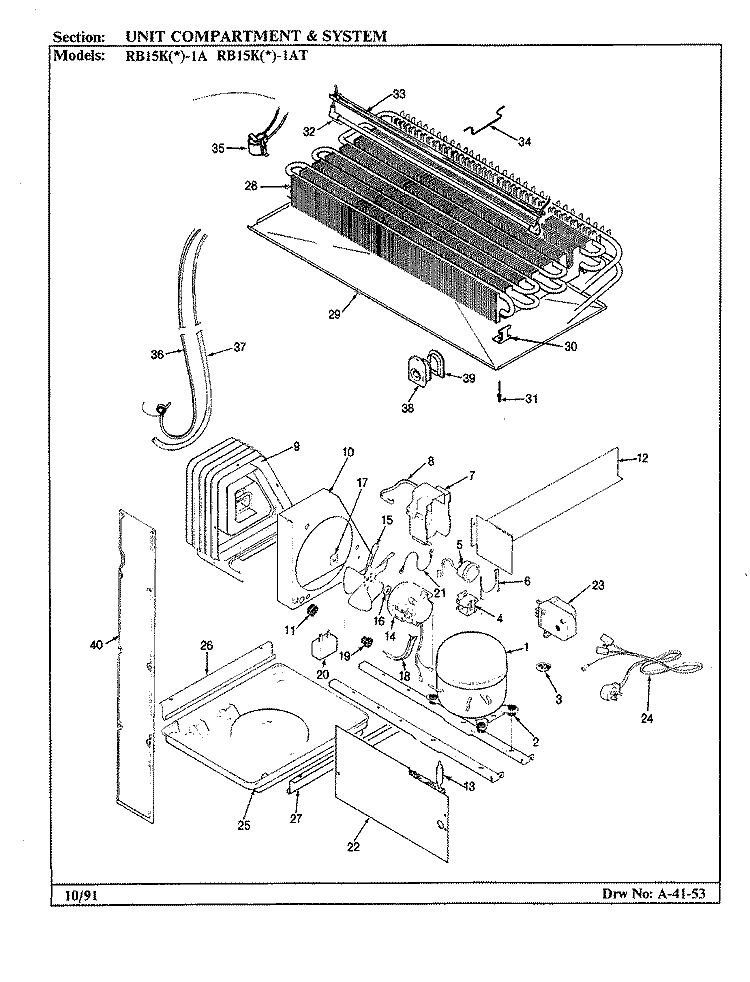 UNIT COMPARTMENT & SYSTEM Diagram and Parts List for RB15KA-1AT BL01A Admiral Refrigerator