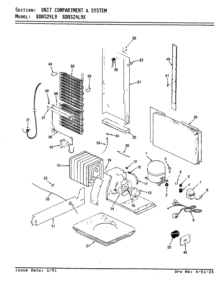 UNIT COMPARTMENT & SYSTEM Diagram and Parts List for BDNS24L9 BN91A Admiral Refrigerator