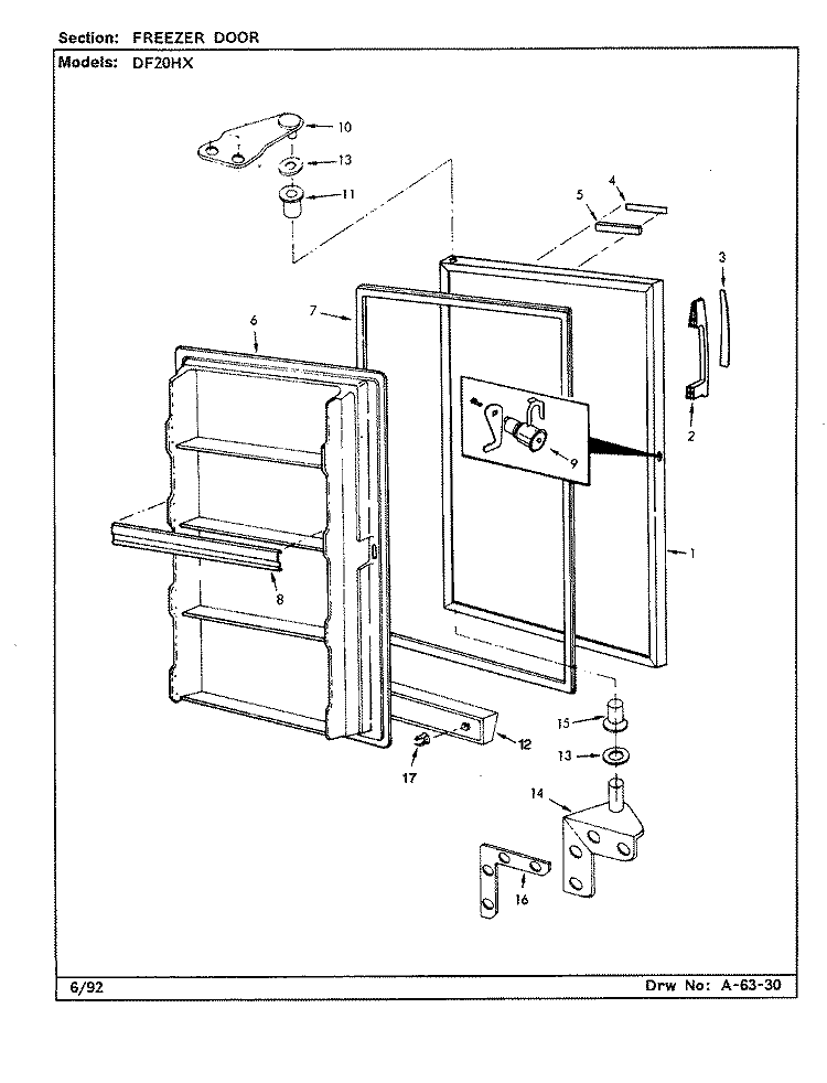 FREEZER DOOR Diagram and Parts List for DF20HX X5Z530 Admiral Freezer