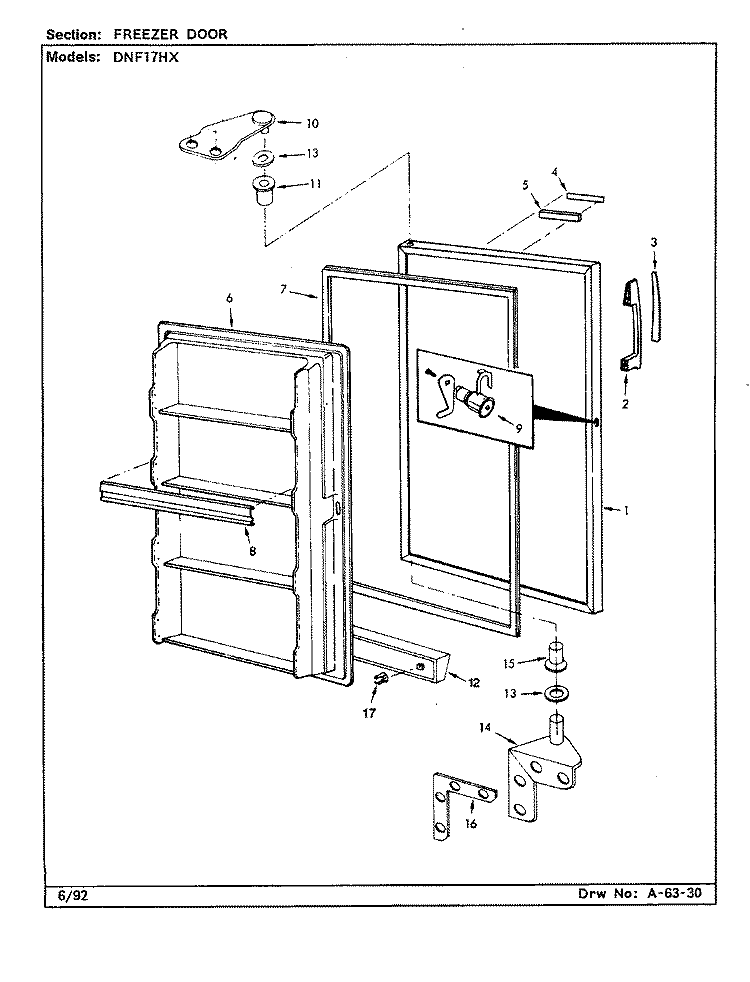 FREEZER DOOR Diagram and Parts List for DNF17HX X5Z530 Admiral Freezer