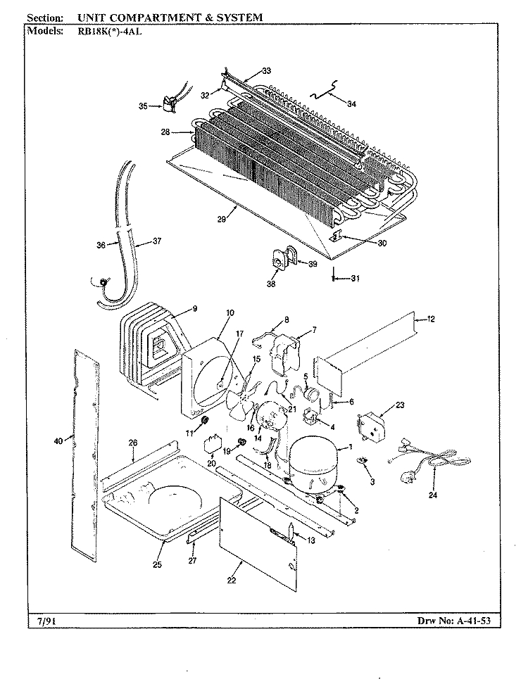UNIT COMPARTMENT & SYSTEM Diagram and Parts List for RB18KA-4AL AG45C Admiral Refrigerator