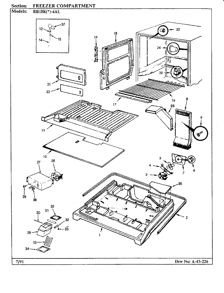 FREEZER COMPARTMENT Diagram and Parts List for RB18KA-4AL AG45C Admiral Refrigerator