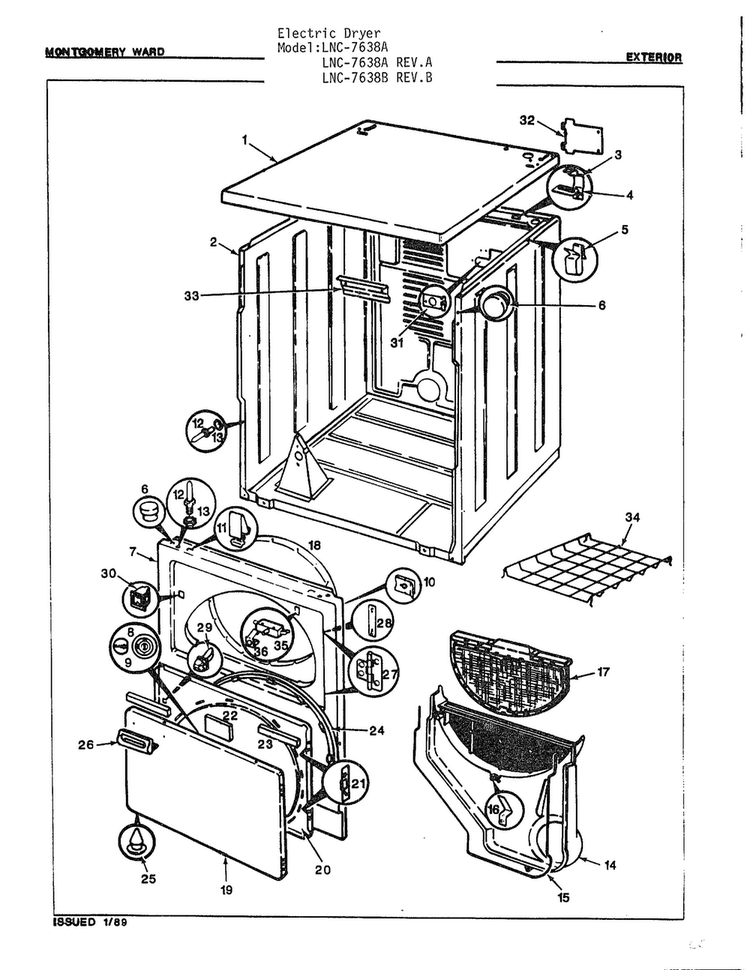 Exterior Diagram and Parts List for 7638A  Norge Dryer