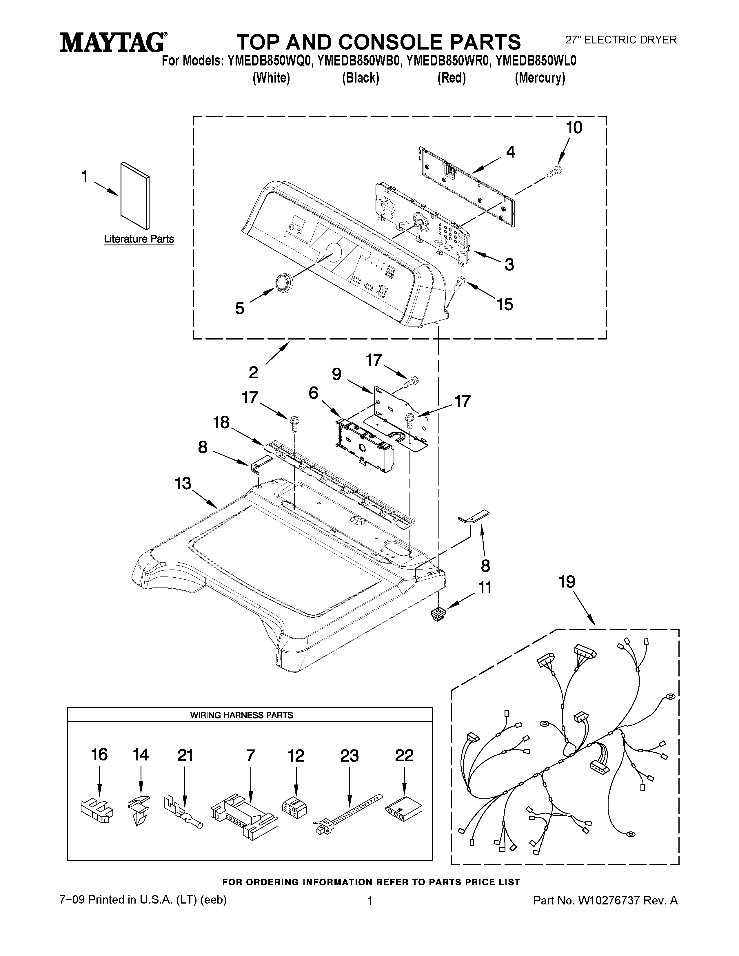 01 - TOP AND CONSOLE PARTS Diagram and Parts List for YMEDB850WL0  Maytag Dryer