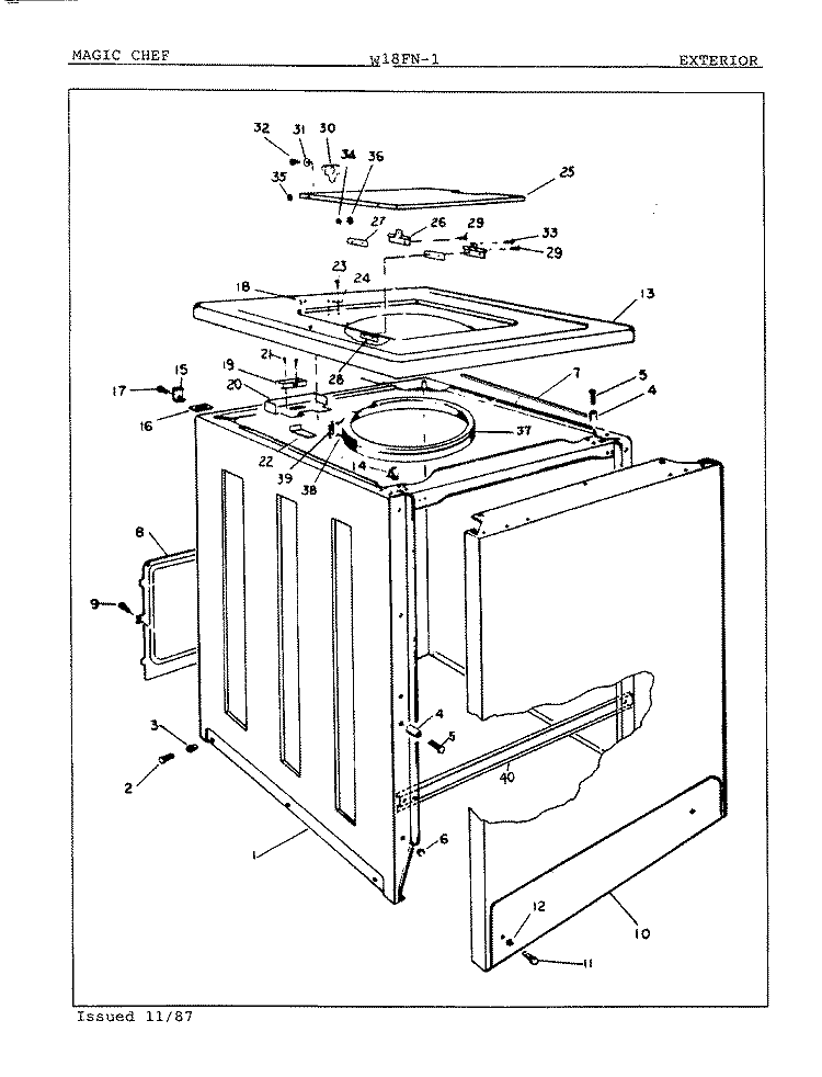 EXTERIOR Diagram and Parts List for W18FN1  Magic Chef Washer