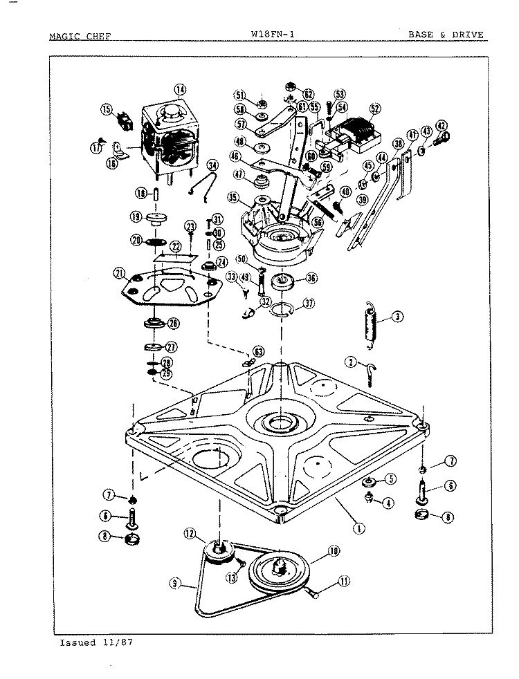 BASE & DRIVE Diagram and Parts List for W18FA1  Magic Chef Washer