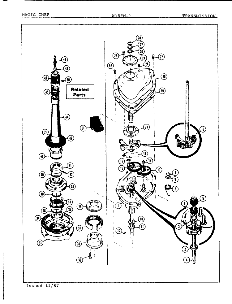 TRANSMISSION Diagram and Parts List for W18FA1  Magic Chef Washer