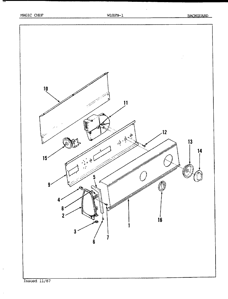 CONTROL PANEL Diagram and Parts List for W18FA1  Magic Chef Washer