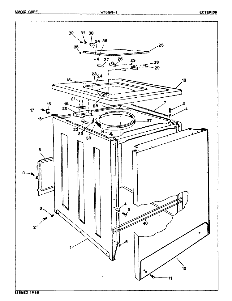 EXTERIOR Diagram and Parts List for W18GN1  Magic Chef Washer