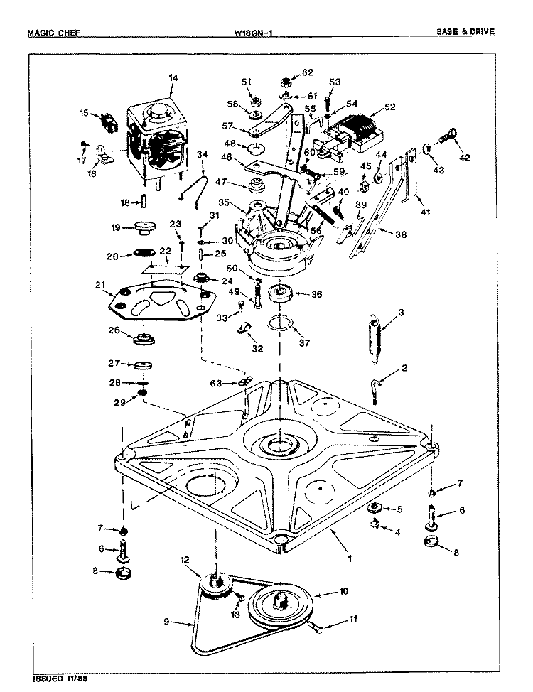 BASE & DRIVE Diagram and Parts List for W18GN1  Magic Chef Washer