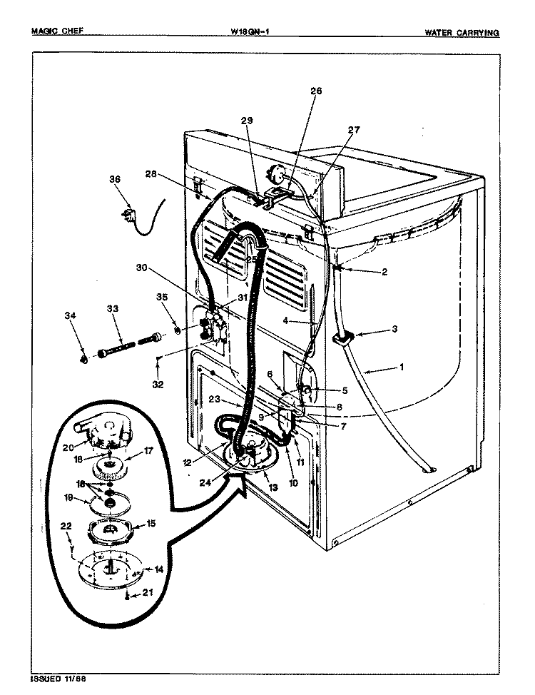 WATER CARRYING Diagram and Parts List for W18GN1  Magic Chef Washer