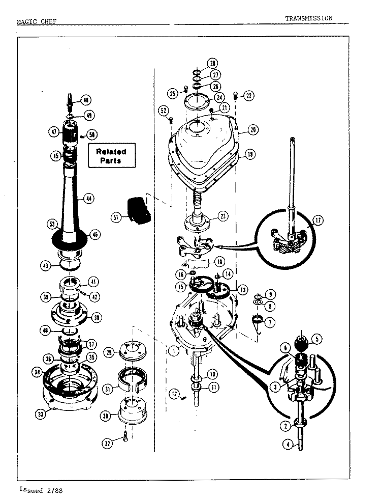 TRANSMISSION Diagram and Parts List for W18GN1  Magic Chef Washer