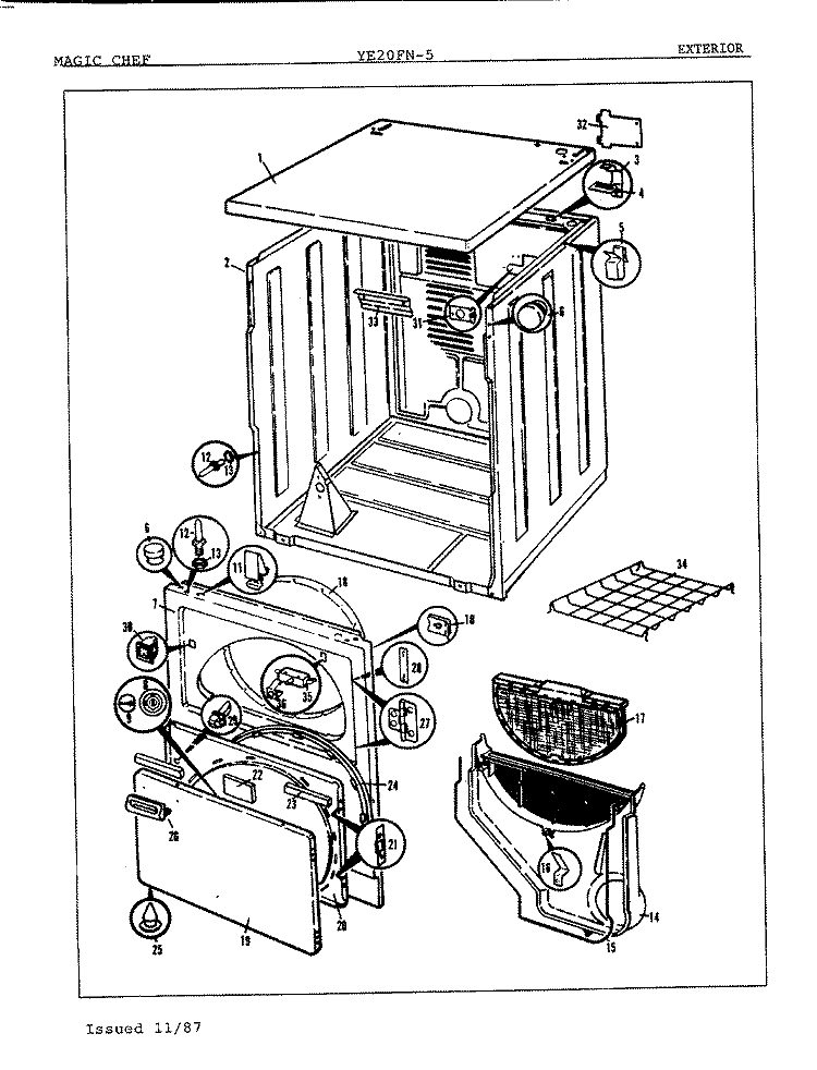 EXTERIOR Diagram and Parts List for YE20FN5  Magic Chef Dryer