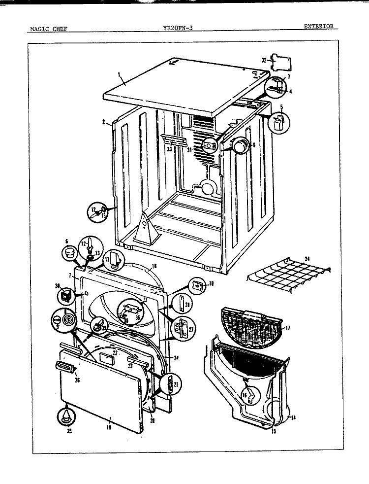 EXTERIOR Diagram and Parts List for YE20FN3  Magic Chef Dryer