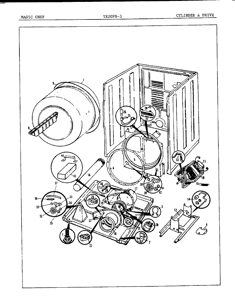 CYLINDER & DRIVE Diagram and Parts List for YE20FA3  Magic Chef Dryer