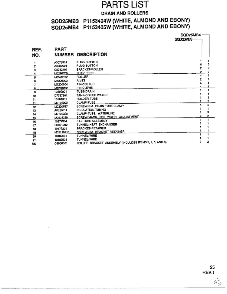 Drain And Rollers Page 2 Diagram and Parts List for SQD25MB3  Amana Refrigerator