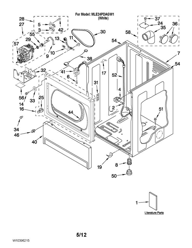 Lower Cabinet And Front Panel Parts Diagram and Parts List for MLE24PDAGW1  Maytag Dryer