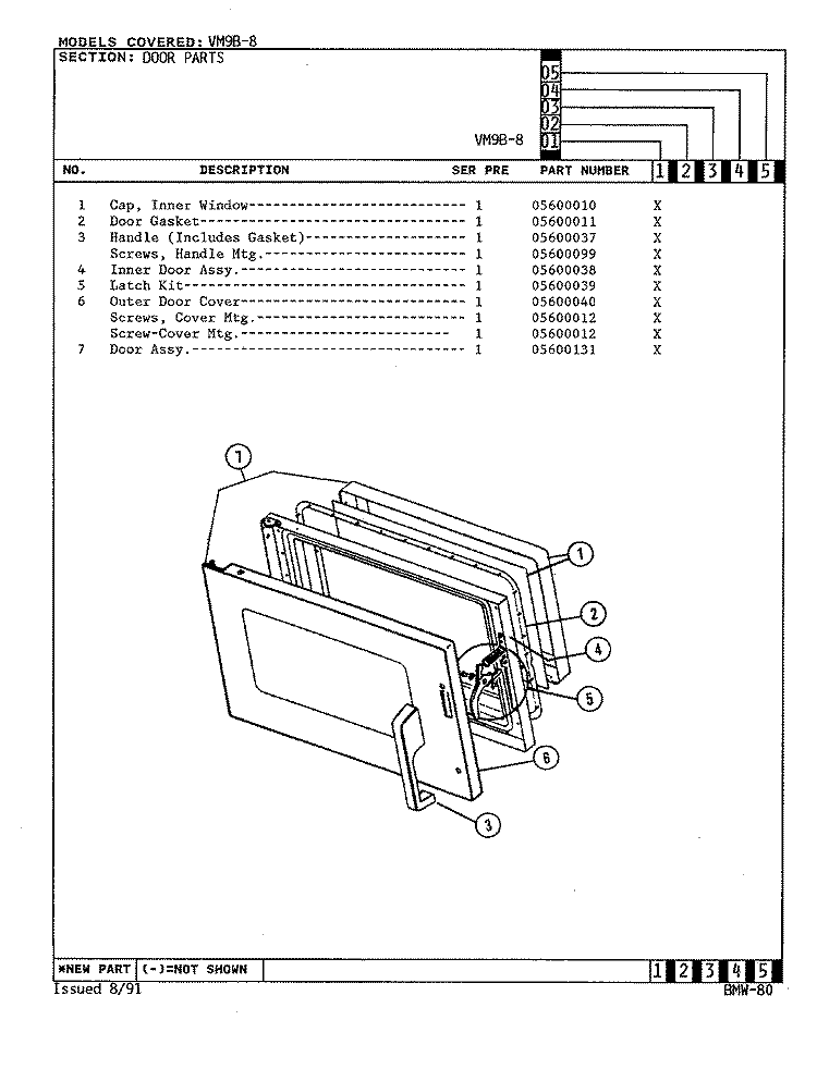 DOOR Diagram and Parts List for VM9B-8  Magic Chef Microwave