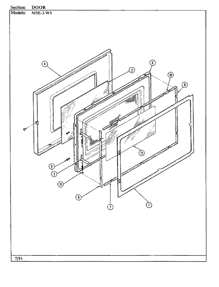 DOOR Diagram and Parts List for M5E-3-W5  Magic Chef Microwave