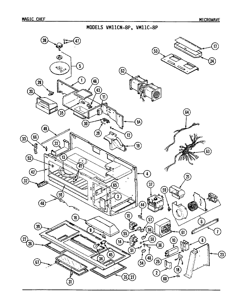 BASE & CAVITY Diagram and Parts List for VM11C-8P  Magic Chef Microwave