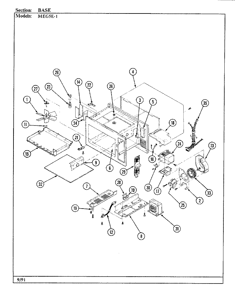 BASE & CAVITY Diagram and Parts List for MEG5E-1  Maytag Microwave