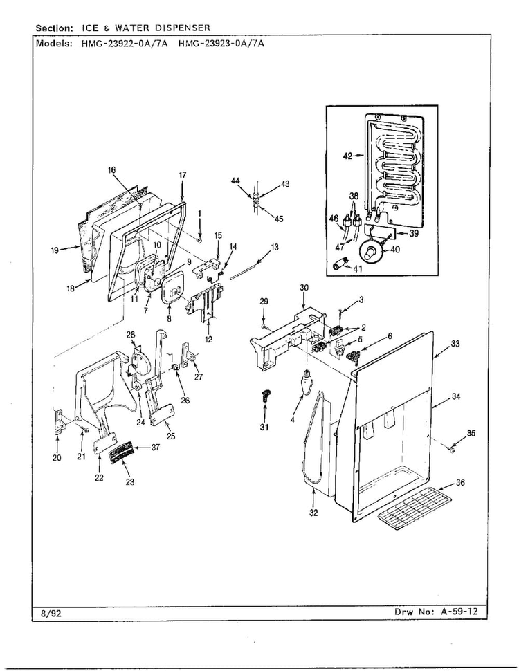 Ice & Water Dispenser Diagram and Parts List for 23922-0A  Admiral Refrigerator