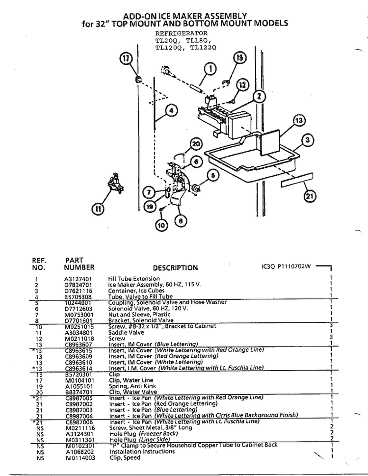Add-on Ice Maker Assembly Diagram and Parts List for TL120Q  Amana Refrigerator