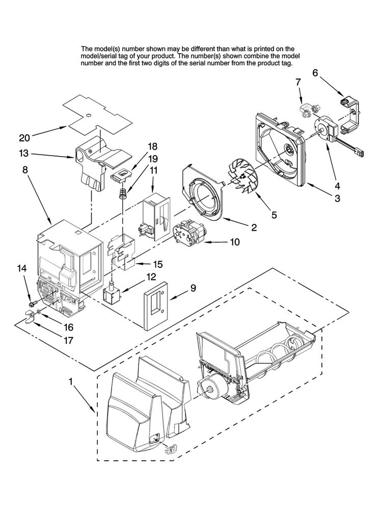 Motor And Ice Container Parts Diagram and Parts List for MFI2067AEW13  Maytag Refrigerator