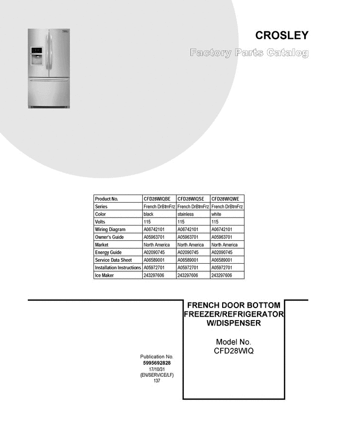 01 - Cover Sheet Diagram and Parts List for CFD28WIQBE  Crosley Refrigerator