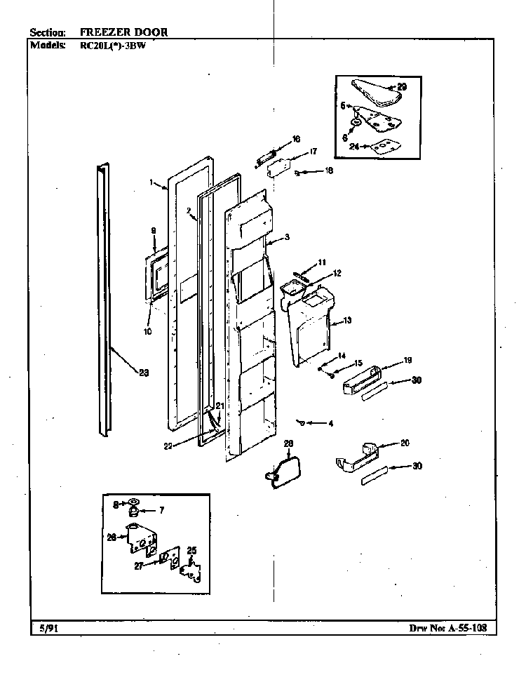Freezer Door Diagram and Parts List for RC20LA-3BW-BS08A  Magic Chef Refrigerator