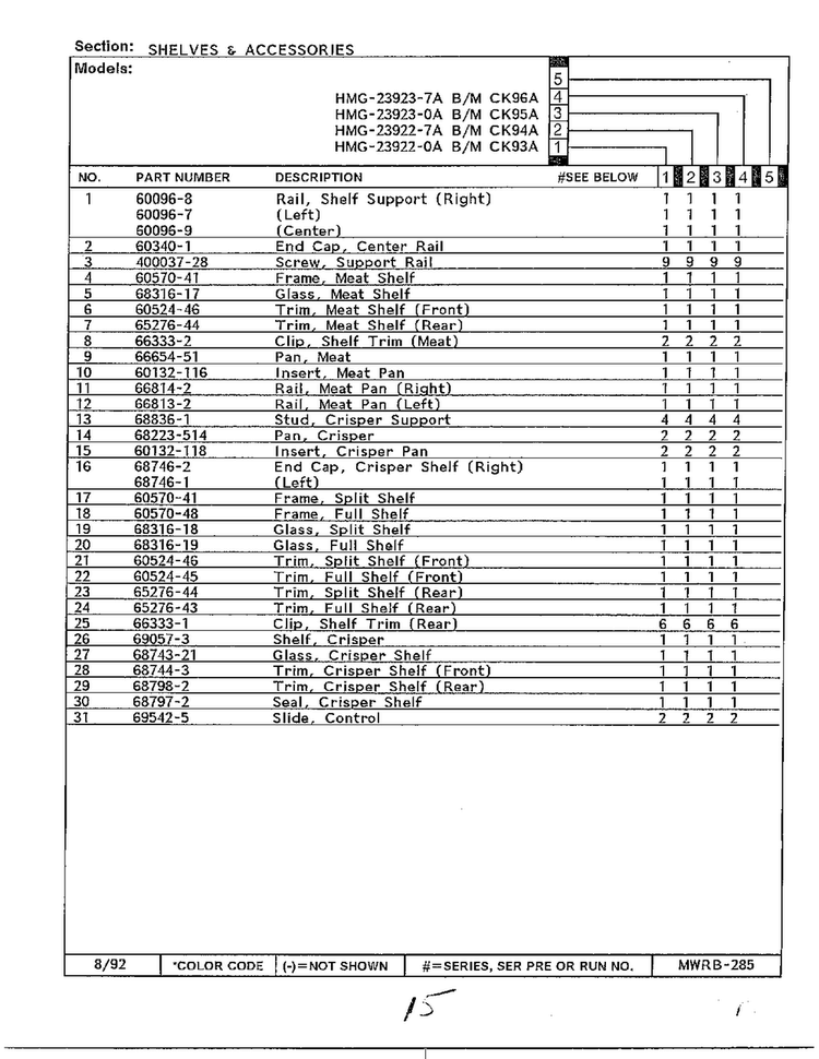 Shelves & Accessories Page 2 Diagram and Parts List for 23922-0A  Admiral Refrigerator