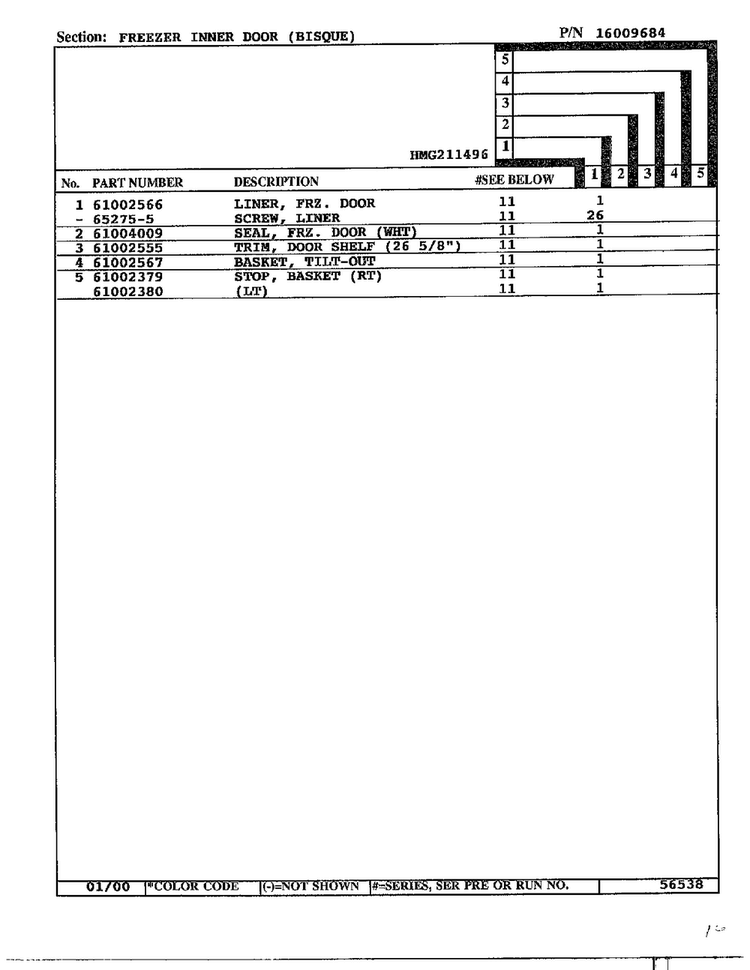 Freezer Inner Door Page 2 Diagram and Parts List for HMG211496  Admiral Refrigerator